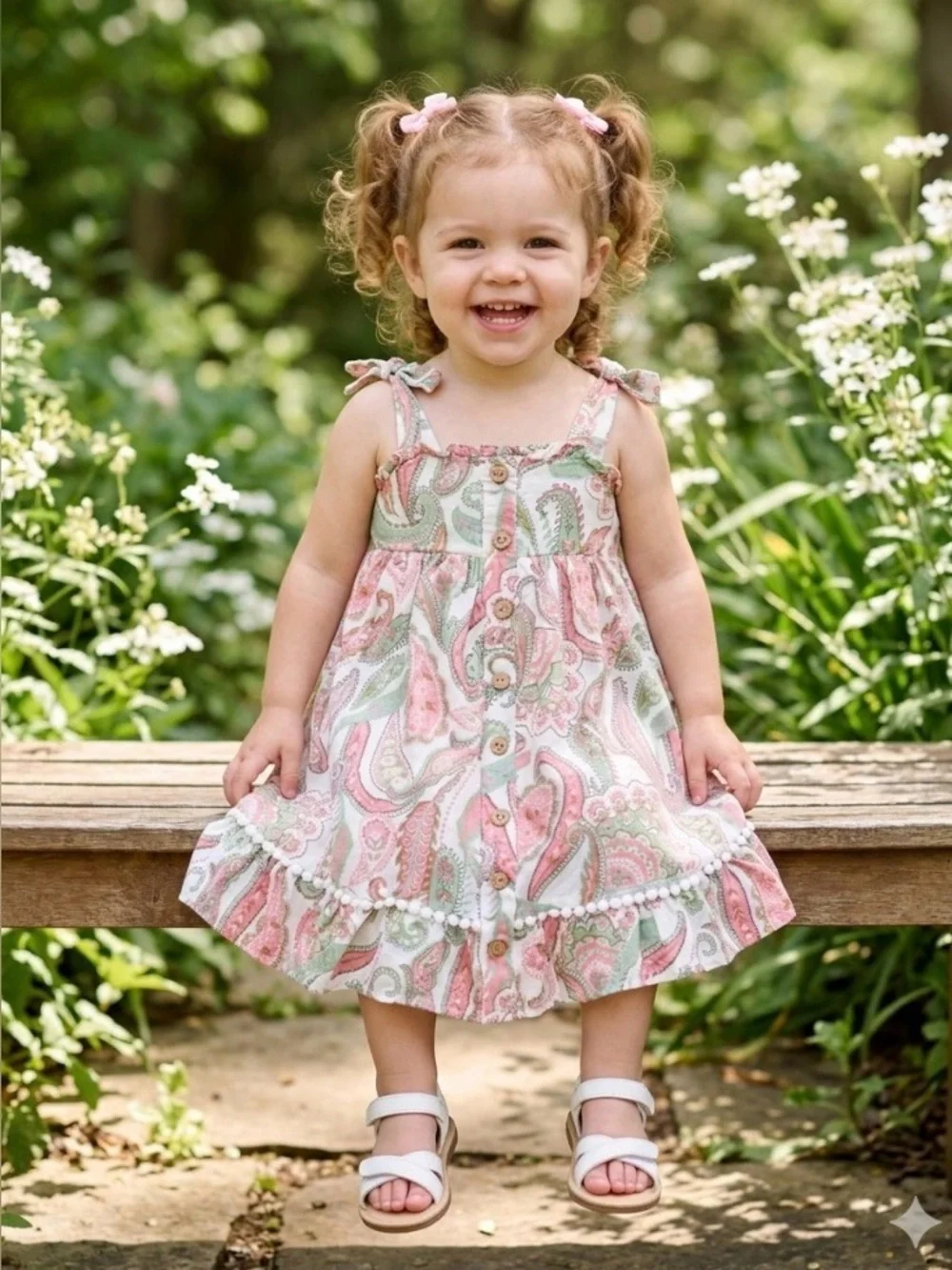 Haute Hippie Boho Girls Paisley Pompom Trim Pink Mint Adorable Summer Dress 2T